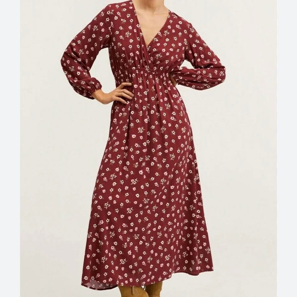 Christy Dawn Floral Drawstring Maxi Dress Women's Medium Burgundy Wine